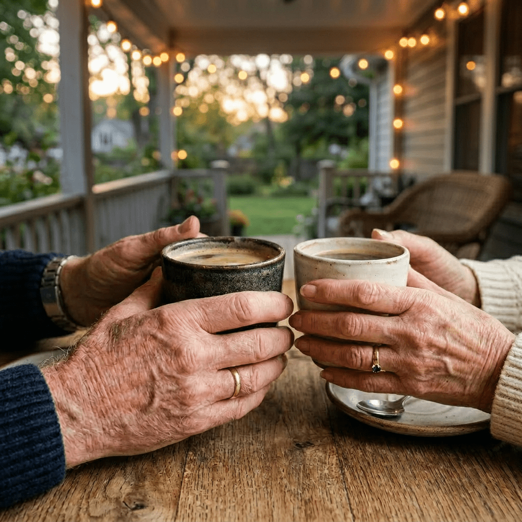 Close-up of elderly couple hands holding coffee mugs with wedding rings
