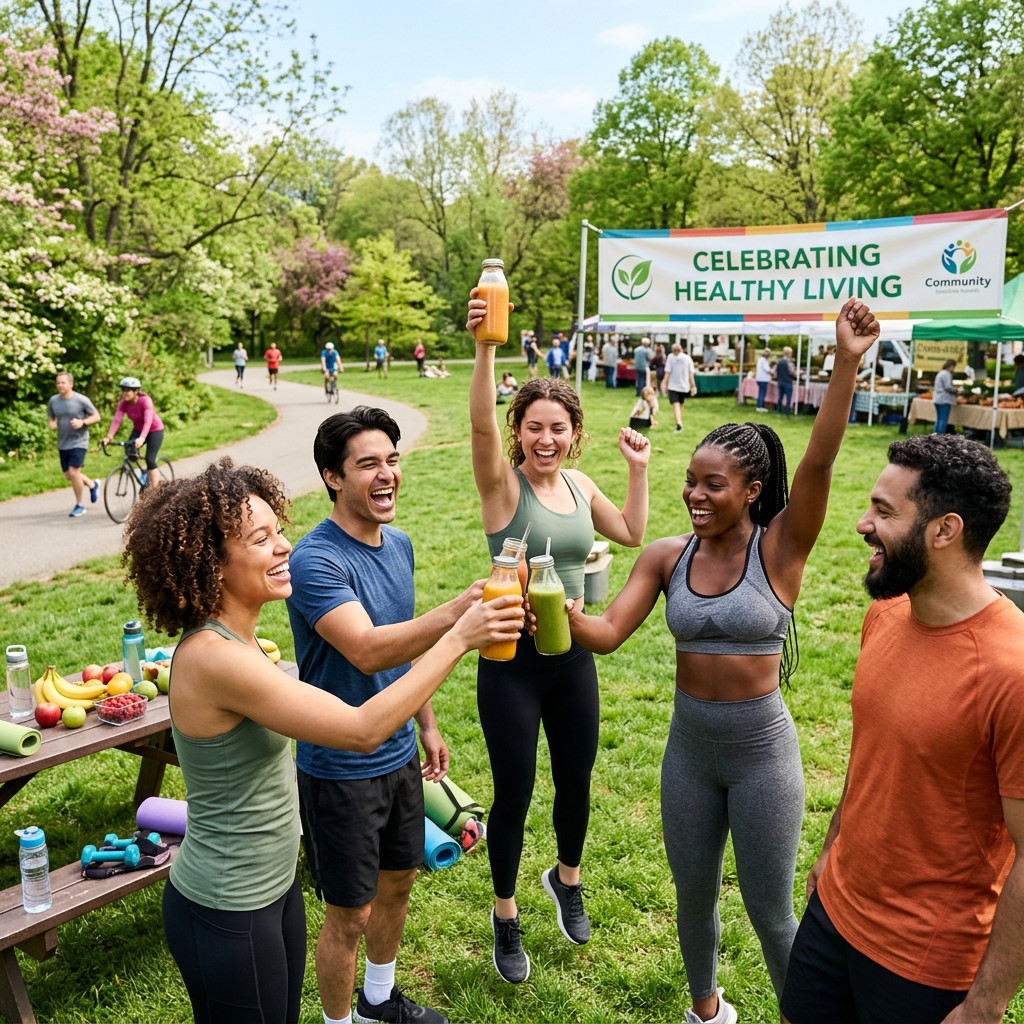 Group of friends in activewear toasting with bottles of fresh juice at an outdoor healthy living event