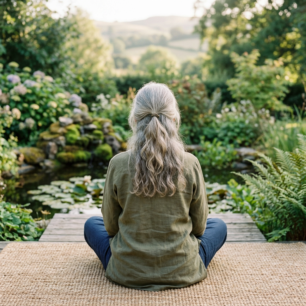 Person with gray hair sitting cross-legged facing a pond surrounded by greenery